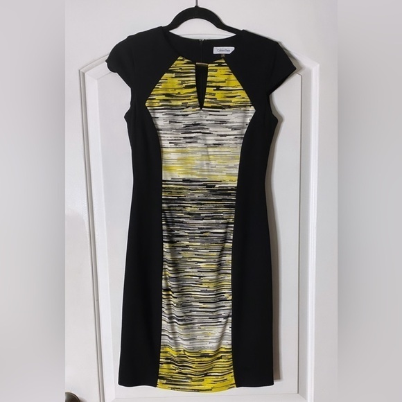 Calvin Klein 2 Black Sheath Dress Yellow Scribble Slimming Panel Color Block - Picture 1 of 4